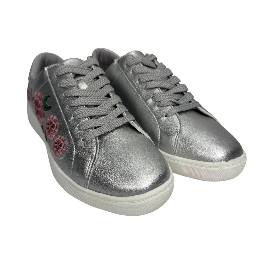 Comfort View Silver Lace-Up Sneaker Pink Floral‎ Embroidery Size 9M